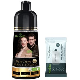 Herbishh Dark Brown Hair Dye Shampoo 200ml + Hair Color Stain Remover Wipes – Grey Coverage & Mess-Free Cleanup