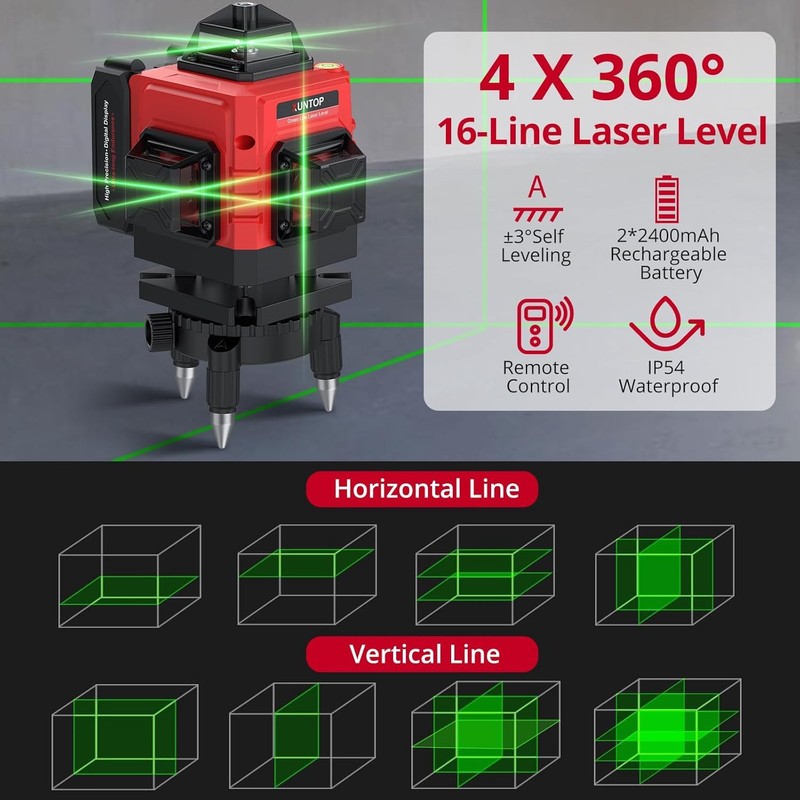 XUNTOP 16 Line Laser Level 4 X 360° Laser Level