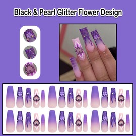 ANDGING Purple Press on Nails Square Medium Long Fake Nails Glue on Nails with Pearl Glitter Flower Design Gel Manicure Acrylic False Nails for Wedding Birthday Gradient Stick on Nails for Women ALP8