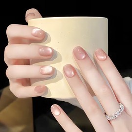 ALLEVG Nail Tips, 30 Pieces, Magnetic Type, Fake Nails, Cat Eye Stone, Glossy, Sparkling Japanese Style, Cute, Simple, Short Nail Tips, Popular, Nail Stickers, Cute, Spring, Summer, Autumn, Winter