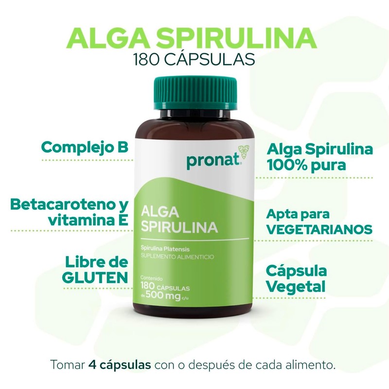 PRONAT | Alga Spirulina 100% Pura, Suplemento Alimenticio, 180 cápsulas