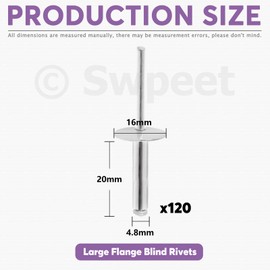 Swpeet 120Pcs 3/16" x 3/4" - M4.8x20x16 Large Flange Aluminum Blind Rivets Kit, Silver Pop Rivets Open End Type Pop Rivet for Indoor and Outdoor Use