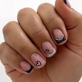 Hkanlre Press on Nails Heart Square Black Fake Cute Nails Tips Full Cover Short French False Nails for Women 24PCS