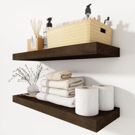 Heimlove Wood Floating Shelves 24 inch,8 Inch Deep Solid Pine Wood Wall Shelf for Bathroom,Natural Wood Floating Shelf for Bedroom,Kitchen,Living Room,24" W x 8" D-Set of 2-Walnut Color