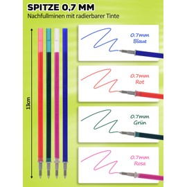 GutSache 12 x Erasable Refills [6 Blue, 2 Red, 2 Green, 2 Pink], Compatible with Legami, Height 13 cm, Tip 0.7 mm, Thermosensitive Ink, Refill, Erasable Gel Pen Refill