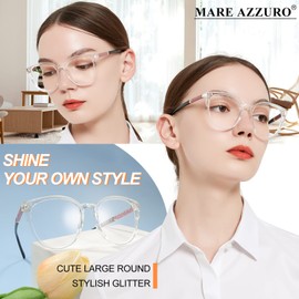 MARE AZZURO Large Bling Reading Glasses Women Trendy Round Readers 0 100 125 150 175 200 225 250 275 300 350 400 500 600 (Transparent, 2.25)