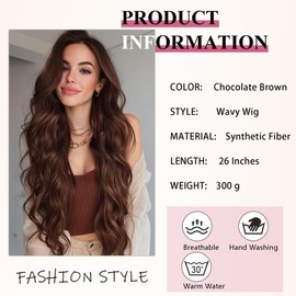 Ombre Brown Wigs for Women Long Wavy Wig Middle Part 26 Inch Ombre Wigs for White Women Brown Curly Wig Layered Brunette Wigs Synthetic Natural Looking Hair Replacement Wigs for Girls Daily Party Use