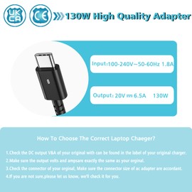 Laptop Charger USB Type C Power Supply 130W for Dell XPS 15, Precision and Latitude Series - Compatible with XPS 15 9500, 9510, 9520, 9575, Precision 3470, 3541, 3551, 3560, 3561
