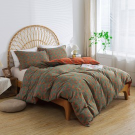 Usfivefam Vintage 100% Double Gauze Washed Cotton Bedding Set Cal King Size Green Orange 3Pcs Duvet Cover Set Farmhouse Pastoral Floral Boho Style Zipper Closure Reversible Bedding Collection