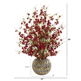 Nearly Natural 30in. Cherry Blossom Artificial Stoneware Vase with Gold Trimming Silk Arrangements, Red