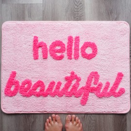 Hello Beautiful Bath Mat Light Pink Blush Peach Coral Cute Bathroom Rugs for Girls You Look Good Gorgeous Funny Shower Fun Bathroom Decor Non-Slip Washable Kids Women