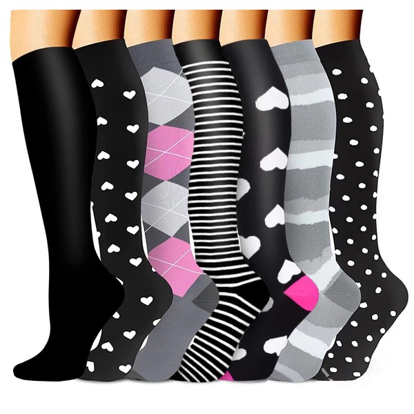 7 Pairs Compression Socks for Women & Men 15-20 mmHg Best Support for Athlete,Nurses,Travel,Runner,Pregnant,Cycling,Hiking,Flight