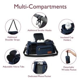 Momcozy Universal Baby Stroller Organizer, 2 Insulated Cup Holder, Detachable Zippered Pocket, Adjustable Shoulder Strap, Large capacity for baby essentials, Compact Design Fits Any Strollers