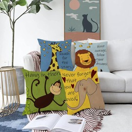 Animal Cushion Covers - 4PCS Kids Cushion Covers 45 X 45, Woodland Nursery Decor, Cute Cartoon Elephants Giraffes Lions Monkeys Linen Pillow Covers for Children’s Rooms Sofa Car Cushions Bedroom