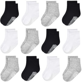 Anti Skid Toddler Socks - 12 Pairs Non Slip Grip Crew Socks for 1-10 Years Boys Girls Kids (#2, 5-7 Years)