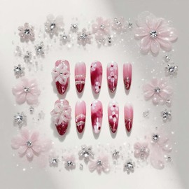 Handmade Press on Nails Medium Almond Fake Nails Red 3D False Nails Luxury Rhinestone Flower Full Cover Stick on Nails Glue on Nails Floral Nails Acrylic Nails for Women Girls (Painting Water S)