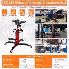 Transmission Jack, 0.6Ton/1322lbs Hydraulic Telescopic Transmission Jack, 2-Stage Floor-Standing Transmission Jack, with Foot Pedal, 360° Swivel Wheel, Garage/Workshop/Car Lift, Red
