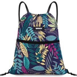 WANDF Drawstring Backpack Original Tote String Bag Sackpack Cinch Water Resistant Nylon for Gym Hiking Travel Beach (Blue Leaf)