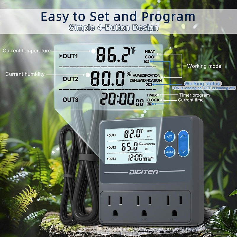 DIGITEN Reptile Temperature and Humidity Controller with Timer, Day-Night Function