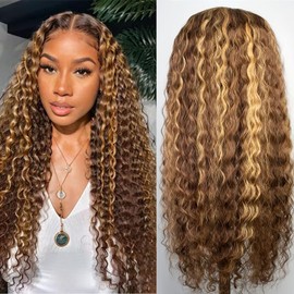 Wear and Go Glueless Wigs Human Hair Pre Plucked Pre Cut Highlight Ombre 4/27 Deep Wave Curly Wet and Wavy Lace Front Wigs for Black Women 5x5 HD Lace Closure Wigs (honey blonde 4/27, 28)