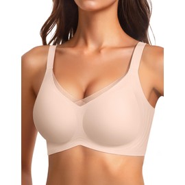 Vertvie Seamless Bra without Underwire Sports Bustier Cross Lace V Neck Push Up Seamless Bra Comfortable Full Cup Large Sizes Soft Bralette with Extension (Skin, XL)
