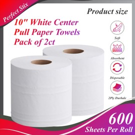 Perfect Stix 10" White Center Pull Paper Towels- Pack of 2ct-600 Sheets Per Roll