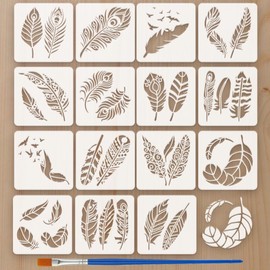 FINGERINSPIRE Plantillas de pintura con pincel de plástico, 15 x 15 cm, reutilizables, plantillas de dibujo de pájaros voladores, hermosas plumas, plantillas temáticas de fantasía para decoración de
