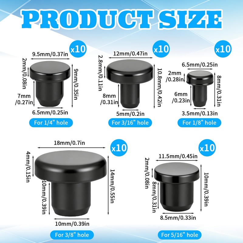 50 PCS Silicone Rubber Hole Plugs 1/8" 3/16" 1/4" 5/16"