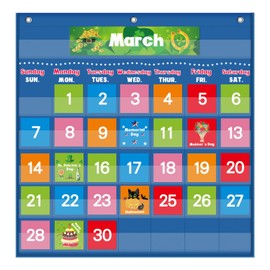 Boho Calendar Pocket Chart with 88 Cards for Classroom, Monthly Calendar and Weather Pocket Chart, Classroom Decor, for Kindergarten or Kids Learning, Teacher Must Have Supplies (Blue)