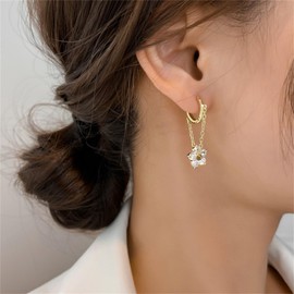 DEYOUM Solid 925 Sterling Silver CZ Flower Earrings for Women Dainty Trendy 14K Gold Plated Crystal Flower Chain Tassel Huggie Hoop Flower Dangle Drop Earrings (Gold Flower)