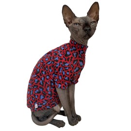 Limited Edition Sphynx Cat Cotton T-Shirts Hairless Cat Sweatshirt Pet Kitten Clothes Round Collar Kitten Shirts Vest Cats & Small Dogs Apparel (Blue Red Leopard, XX-Large (12.5-15 lbs))