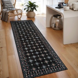 LEEVAN 2x6 Washable Runner Rug,Boho Soft Non Slip Black Runners for Hallways,Floral Vintage Farmhouse Low Pile Indoor Ultra-Thin Checkered Kitchen Runner for Entryway,Laundry,Bathroom,Office