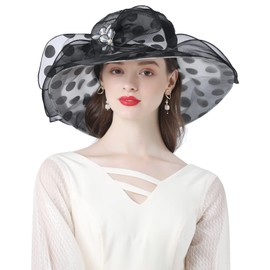 Z&X Women Organza KY Derby Church Hat Polka Dots Wide Brim Sun Caps for Wedding Tea Party Fascinator Hat Black