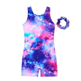 JESKIDS Leotards for Girls Gymnastics with Shorts Dance Biketards Tumbling Unitard Matching Hair Scrunchie Brilliant Cosmic