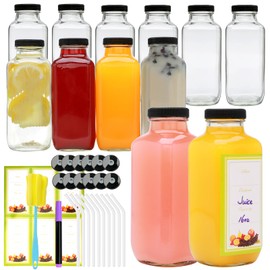 Woaiwo-q 12pack 16oz Glass Juice Bottles with Lids, Reusable Juice Containers Drinking Jars Water Cups with Brush, Glass Straws, Lids with Hole…