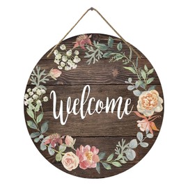 PASDUCHAS Front Door Welcome Sign, Rustic Round Wreath Colourful Floral Wooden Hanging