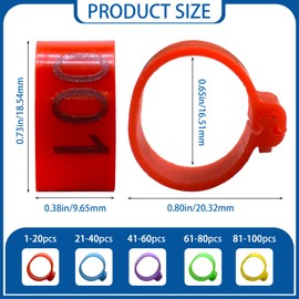 BDS-HOME 100Pcs Numbered Chicken Leg Rings, 16 mm Clip-On Poultry Foot Ring Mark Plastic Anklets Identification Leg Bands Clip Ring for Hens Duck Goose Pigeon Turkeys (5 Color)