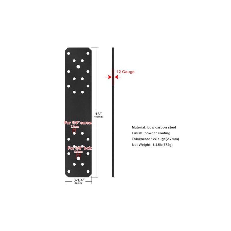 heneng 4 Pcs Flat Mending Plates for 4x4 Post, 16"