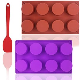 Molde de silicón redondo de 8 cavidades con espátula de silicona, SourceTon Paquete de 2 moldes de cilindro antiadherente para jabón hecho a mano, magdalena, muffin, cubo de hielo: marrón y morado