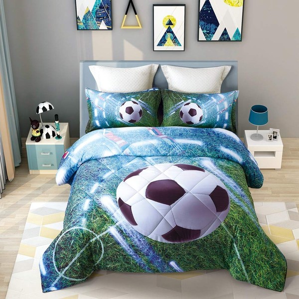 Wowelife 3D Soccer Comforter Set Full Green Playground Soccer Bedding Sets 5 Piece with Comforter, Flat Sheet, Fitted Sheet and 2 Pillow Cases(Green Soccer, Full)