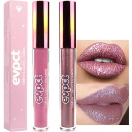 evpct 2Pcs Mauve & Taupe Mauve Glitter Metallic Shimmer Diamond Lipstick Lip Gloss Stain Set for Women Long Lasting Waterproof, Purple Sparkle Glitter Matte long Wear Liquid Lipstick Lip Makeup Kit