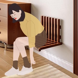 OLizee® Wall-Mounted Folding Stool Shower Seat Bench Entryway Stool Chair Wood Porch Chair Solid Invisible Shoe Changing Stool for Kids Adults Maximum Load 150lb Walnut Color