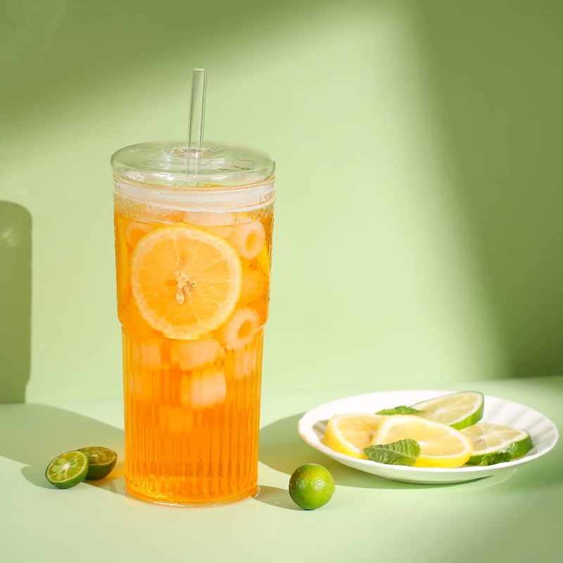 QWEZXO Glass Cups With Lids and Glass Straws，20 OZ High