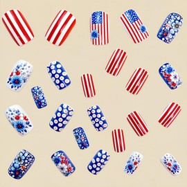 24Pcs Summer Independence Day Press on Nails Medium Length Fake Nails Square Shape False Nails with Flower Star and Stripes Design Red White Blue Nails 4th of July Acrylic Nails Press ons for Women