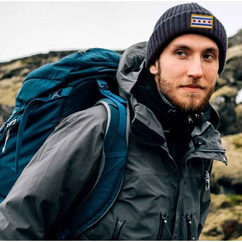 Peerless Embroidery Chicago Flag Patch Gold Border Cuffed Ribbed Beanie