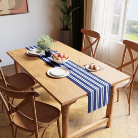 Encasa XO Dining Table Runner | Yarn Dyed Fine Ribbed Cotton | Size 32x200 cm | Franca Blue Stripes | Machine Washable