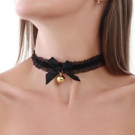 Inateannal Gothic Lace Necklace Black Lace Bow Necklace Gold Bell Collar Necklace Wide Lace Necklace Collar Lolita Cosplay Costume Necklace Jewellery for Women, Zinc, No Gemstone