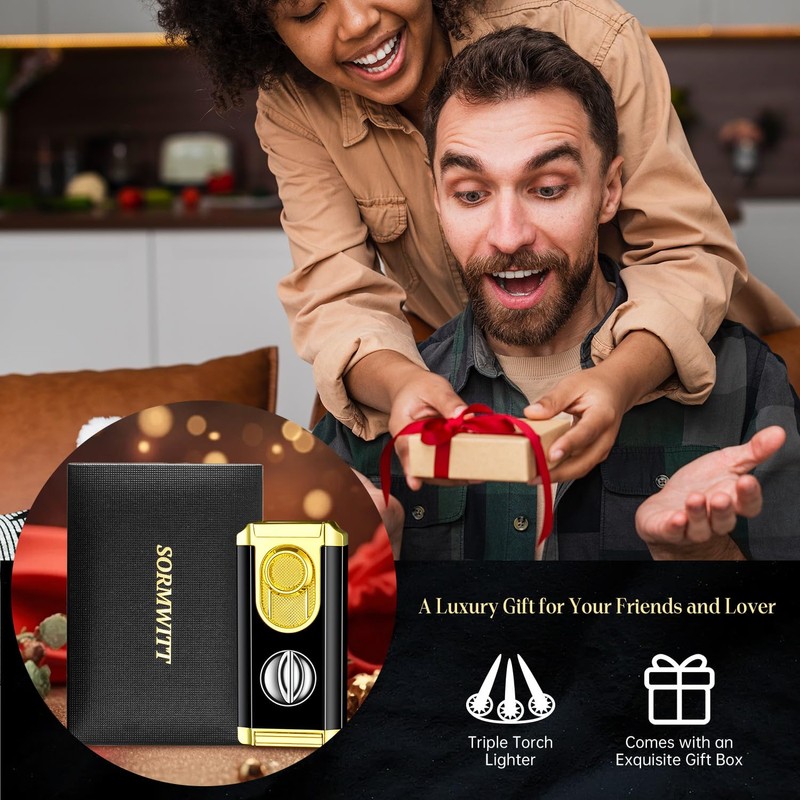SORMWITT Triple Torch Lighter - Lighter with V Cut Cutter,Holder