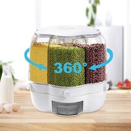 360° Rotating Rice Dispenser,17 Lbs Rice Containers Storage, Dry Food Dispenser with 6 Compartments Holder, Multifunctional Sorting Grocery Bin for Kitchen Storage of Small Grains, Beans, Rice