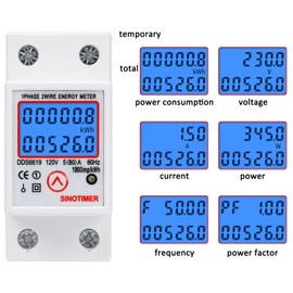 SINOTIMER DDS6619 Din Rail Single Phase Energy kWh Electric Meter 120VAC 5(80) A 60Hz Power Consumption Meter Watt Meter, LCD Backlight Digital Display with Reset Function